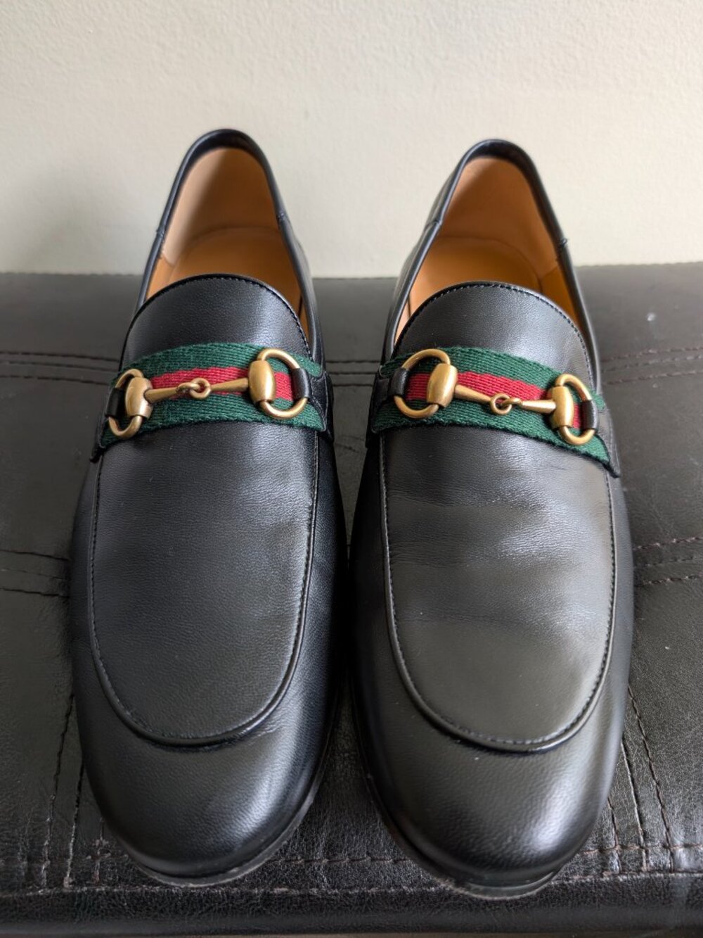 Gucci Brixton Horsebit Loafers - Black Web Stripe - 8.5